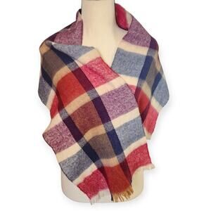 Vintage English Village Red Blue Purple Tartan Plaid Scarf Made in Japan